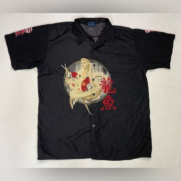Gazoz Chinese Fish Pin Up Girl Button Up Shirt Men Large Black Short Sleeve - Picture 1 of 6